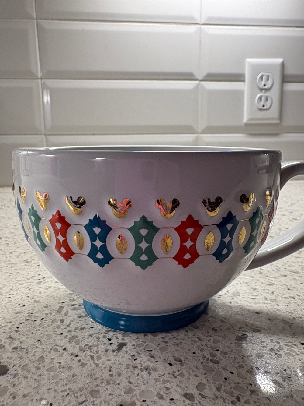 Disney World White Ceramic Mug with Multicolor Pattern and Gold Accents